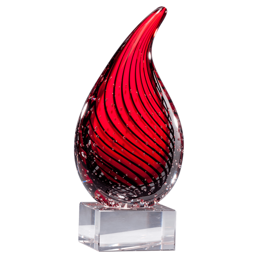 7 1/2" Red Teardrop Art Glass on Clear Glass Base