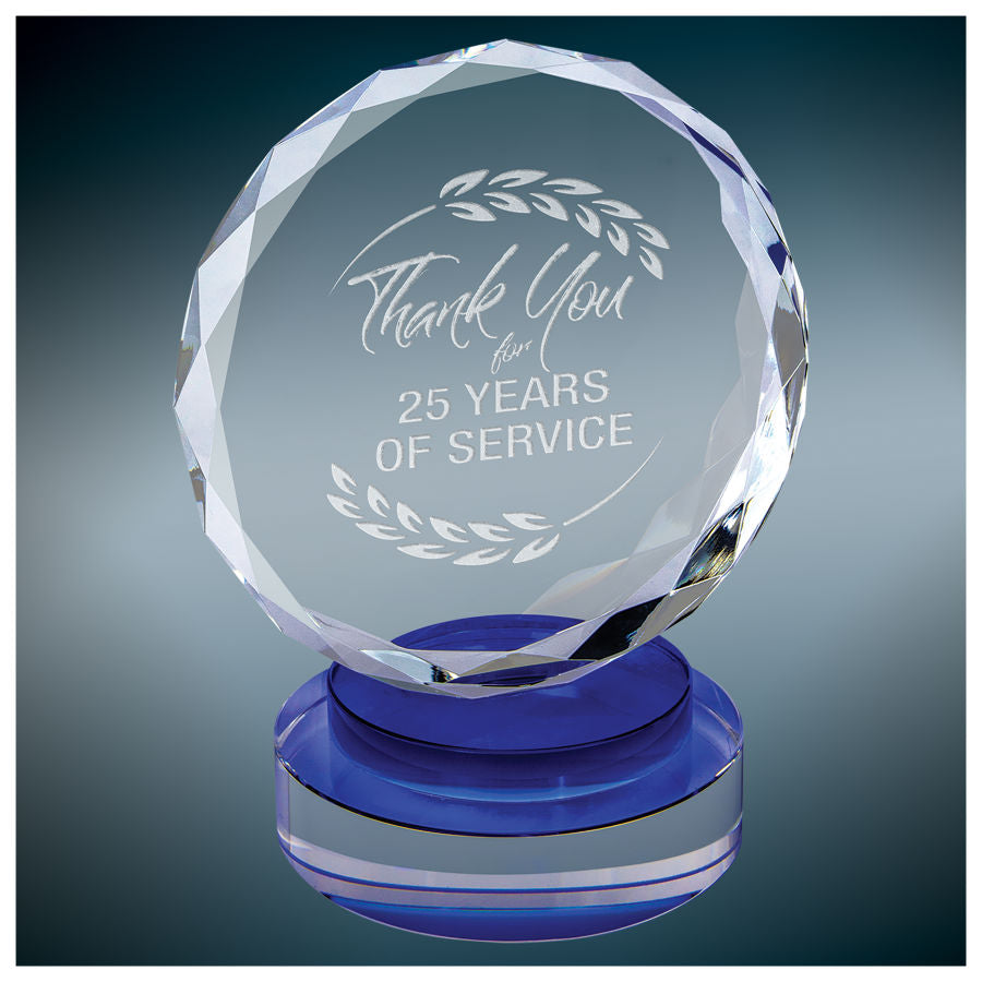Round Facet Crystal on Blue & Clear Round Base