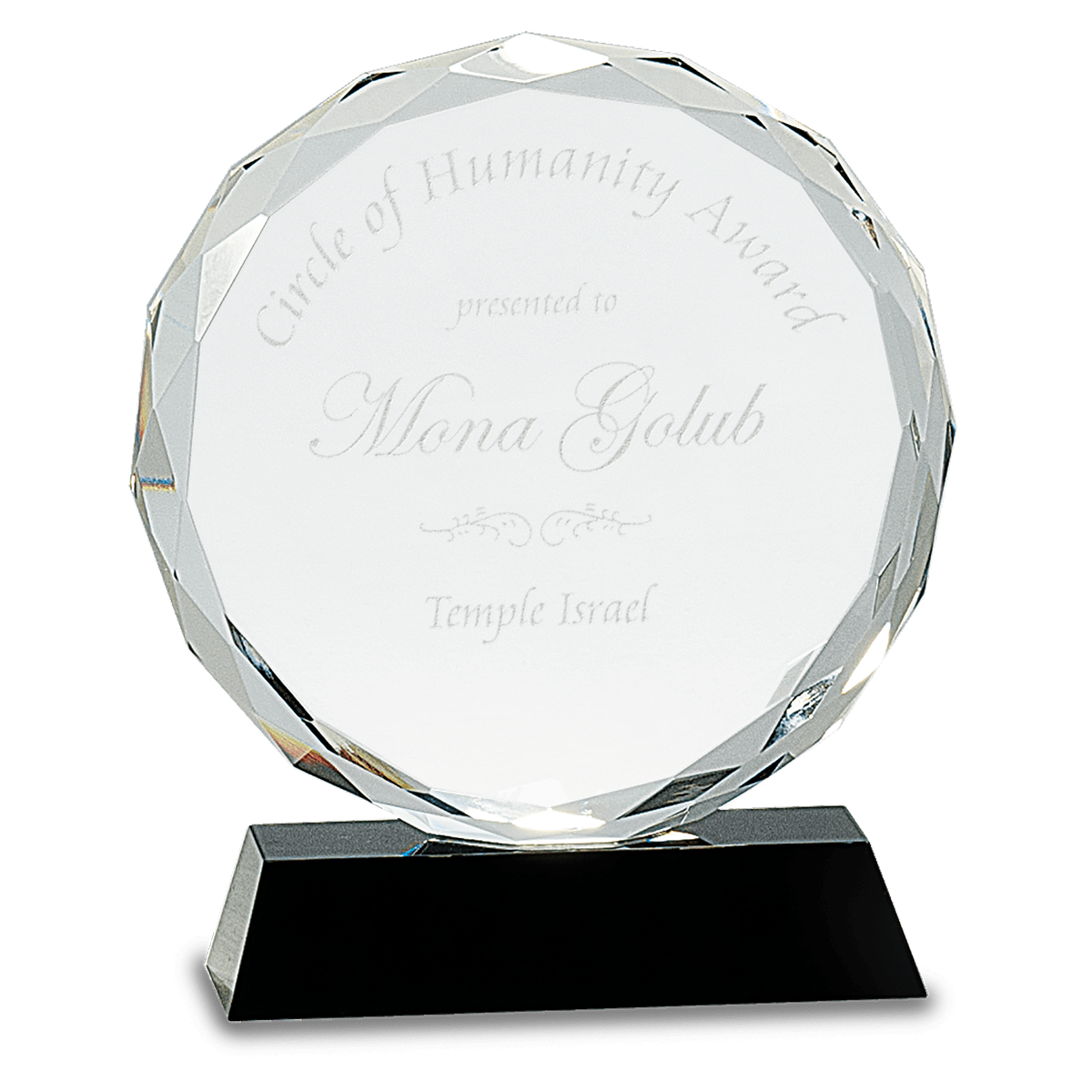 Round Facet Crystal Award on Black Pedestal Base
