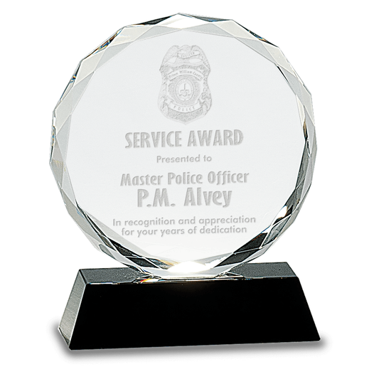 Round Facet Crystal Award on Black Pedestal Base