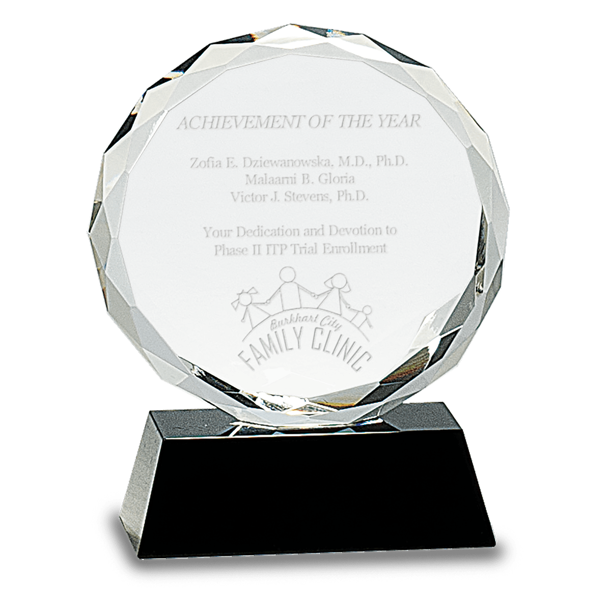 Round Facet Crystal Award on Black Pedestal Base