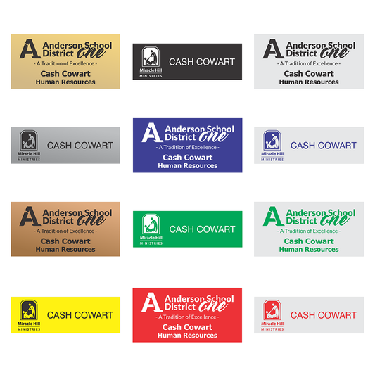 Engraved Badges with Square Corners in Multiple Colors and Sizes