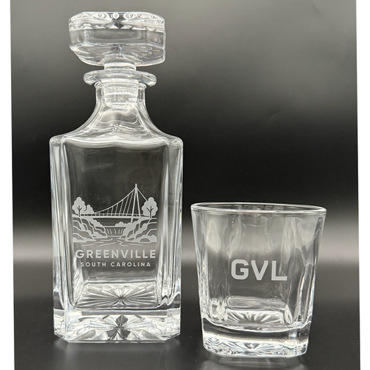"Falls under Liberty Bridge" Glass Decanter Set with Four "GVL" Rocks Glasses
