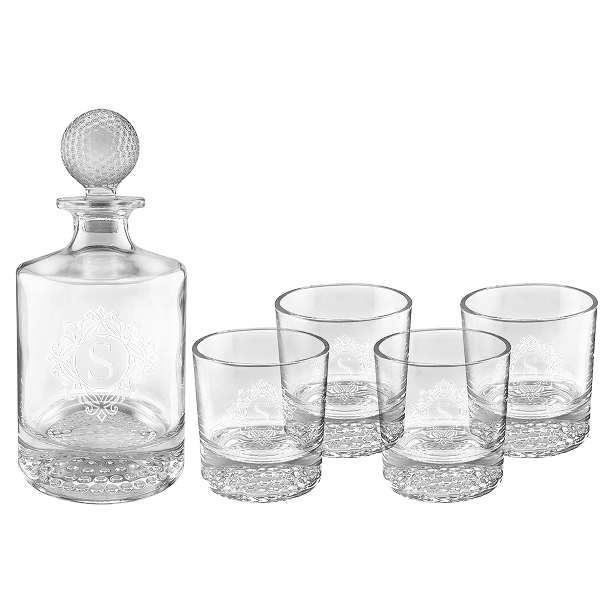 Round Golf Glass Decanter Set with Four 9 oz. Golf Rocks Glasses