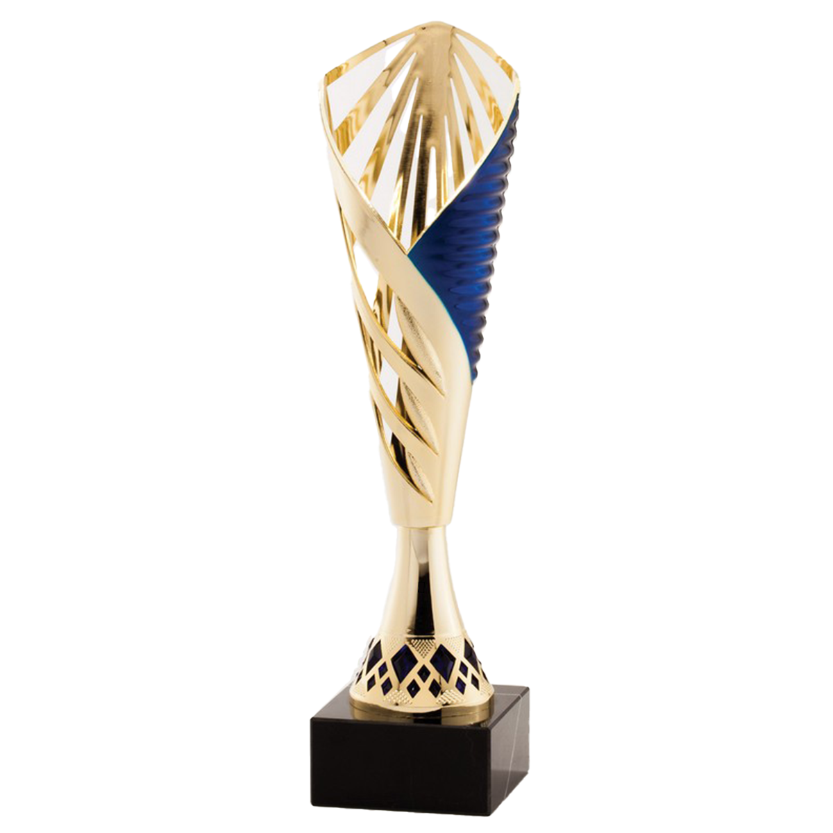 Gold & Blue Cup Trophy on Black Marble Base