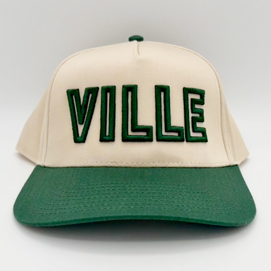 Beige and green cap with stitched 'VILLE' text