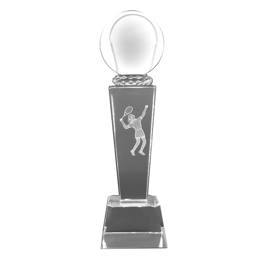 Tennis Ball Crystal Award on Pedestal with Female Player