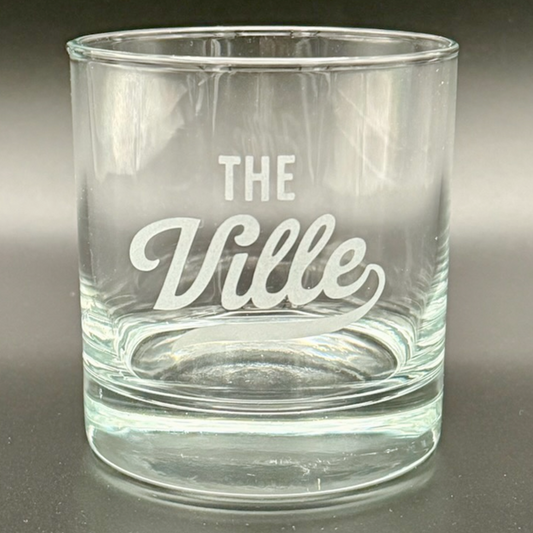 Clear glass rocks glass tumbler with 'The Ville' for Greenville SC stylized text engraved