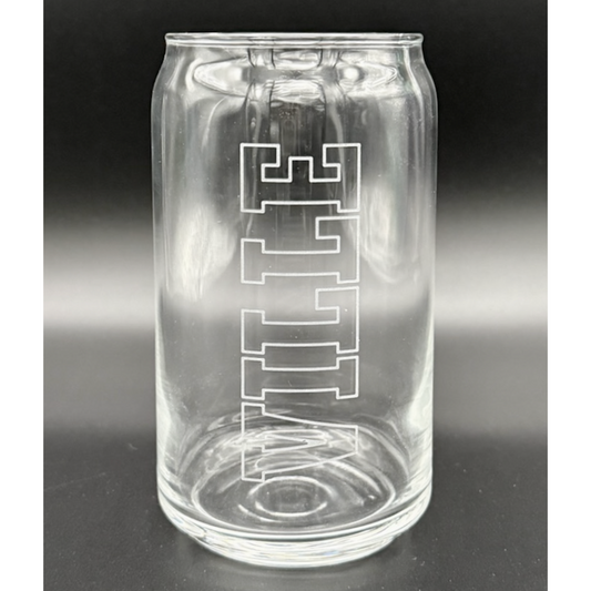 Clear glass can-shaped glass tumbler with 'VILLE' block outlined text engraved