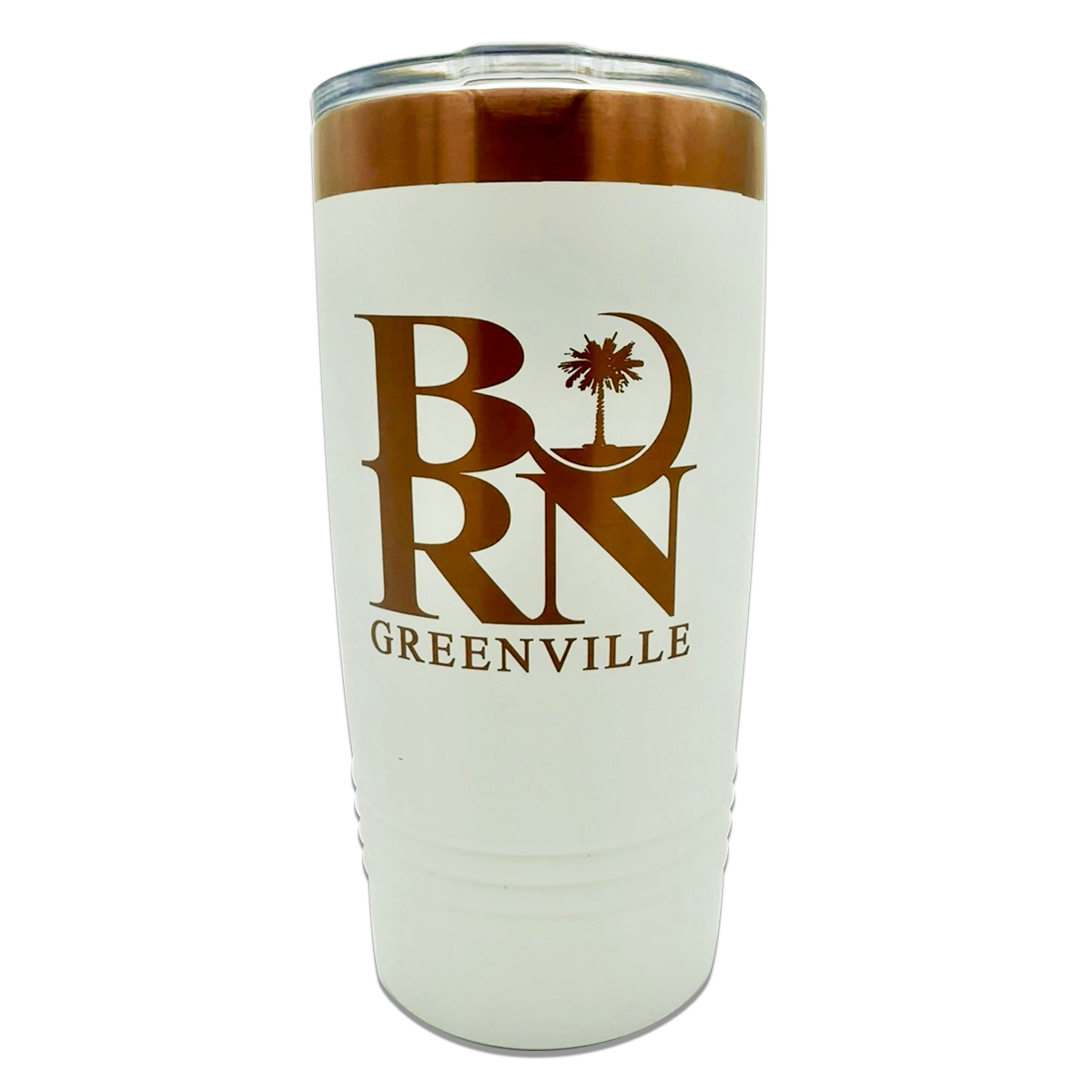 "BORN" Greenville Pride Tumbler - 20 oz. White & Rose Gold with Slider Lid