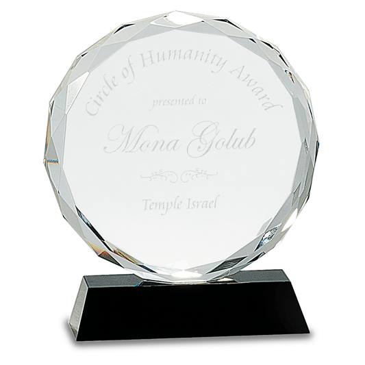 Round Facet Crystal Award on Black Pedestal Base