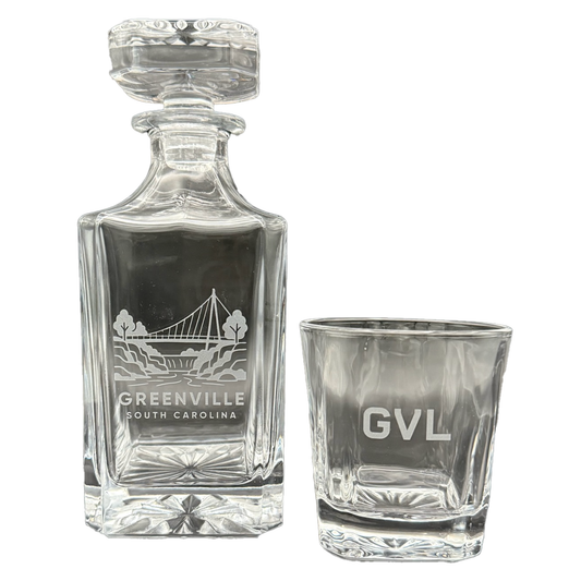 "Falls under Liberty Bridge" Glass Decanter Set with Four "GVL" Rocks Glasses
