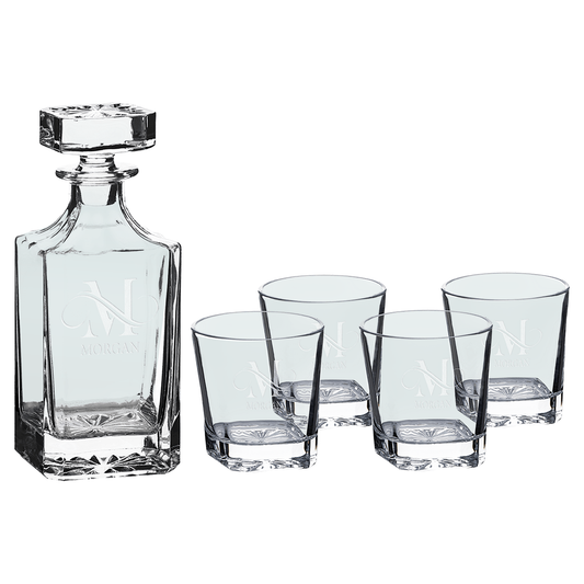 Square Glass Decanter Set with Four 11 oz. Glasses in a Black Gift Box
