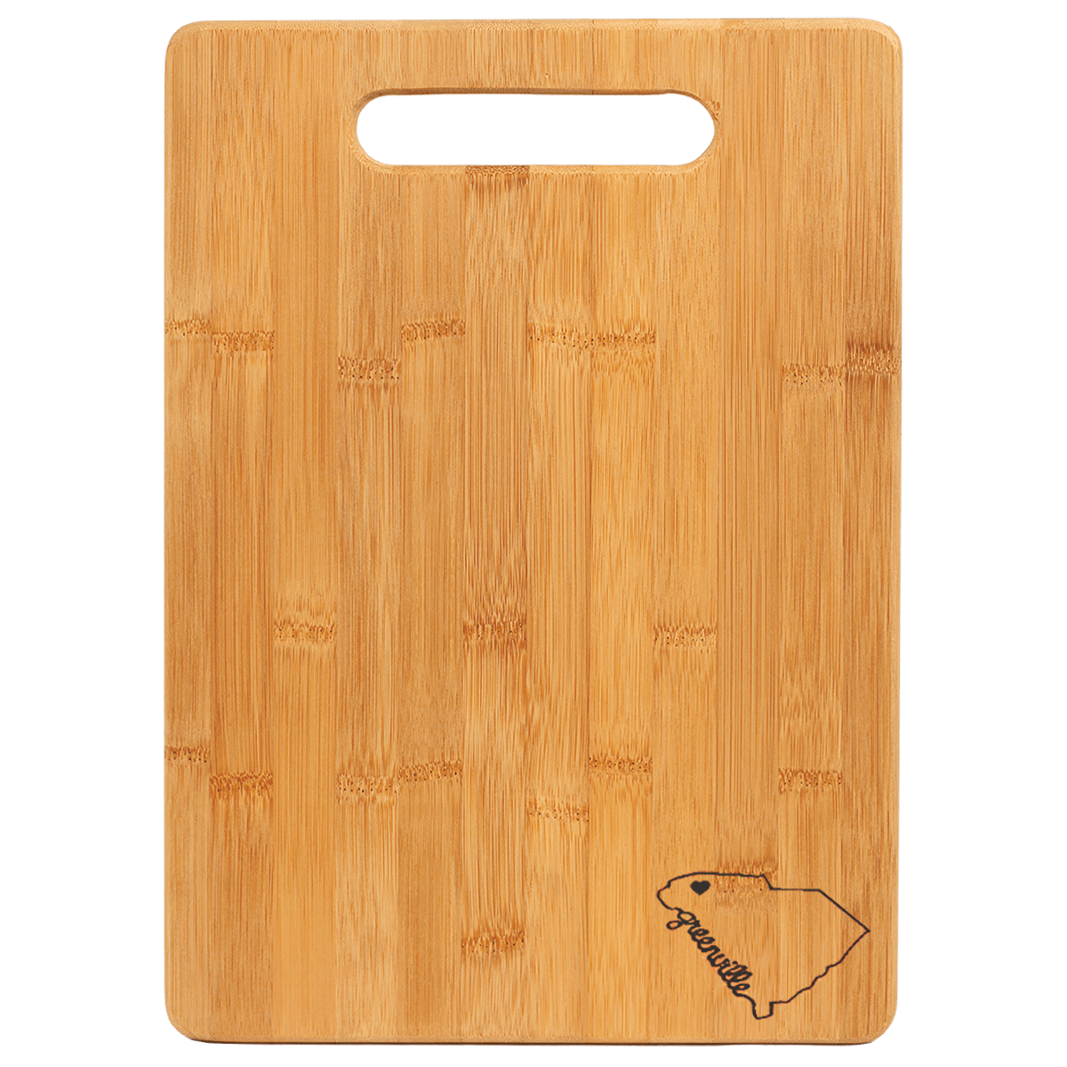 "Heart in Greenville SC" Bamboo Cutting Board - Handle Design