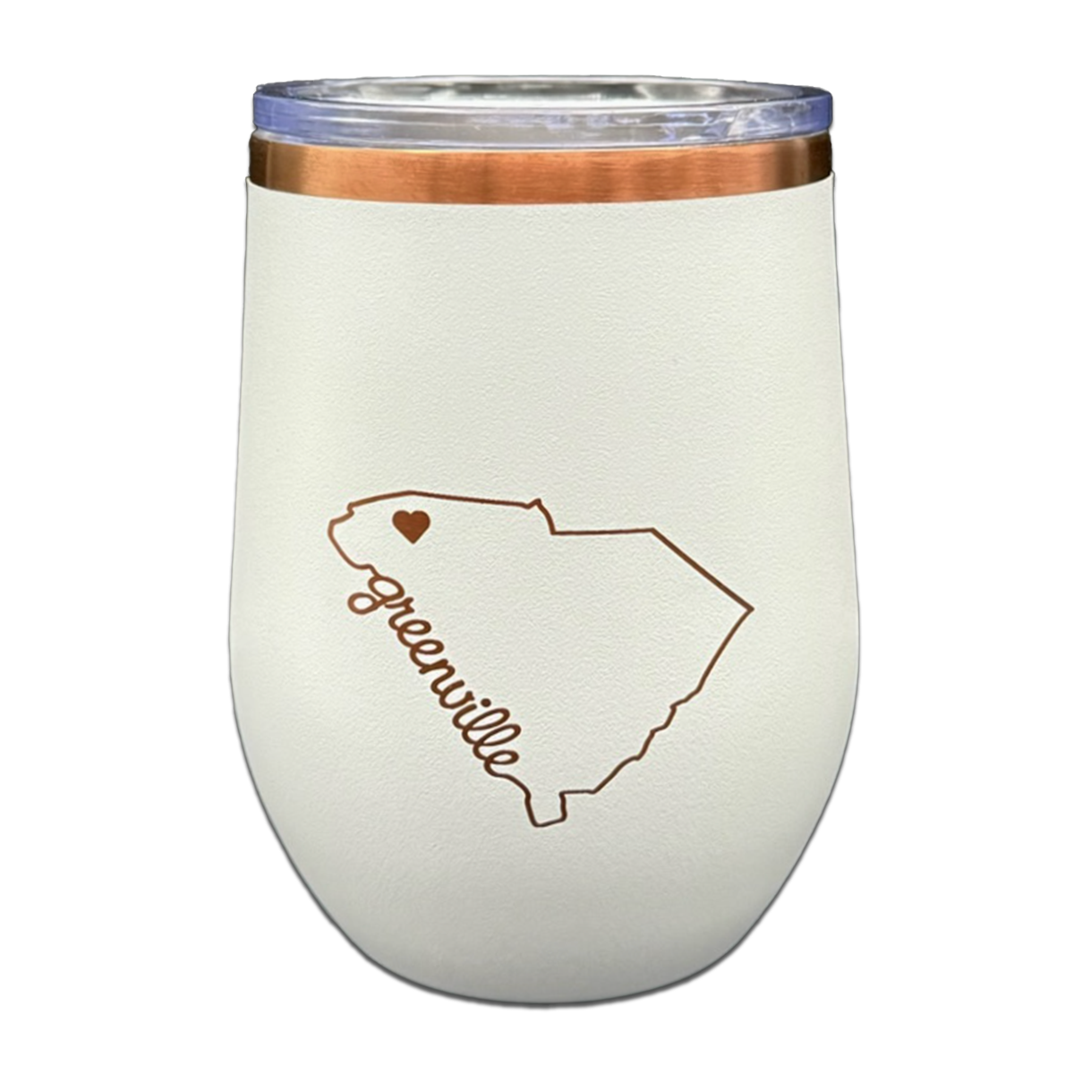 "Heart in Greenville SC" 12 oz. White & Rose Gold Stemless Wine Tumbler with Lid