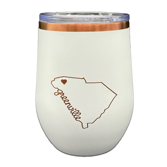 "Heart in Greenville SC" 12 oz. White & Rose Gold Stemless Wine Tumbler with Lid