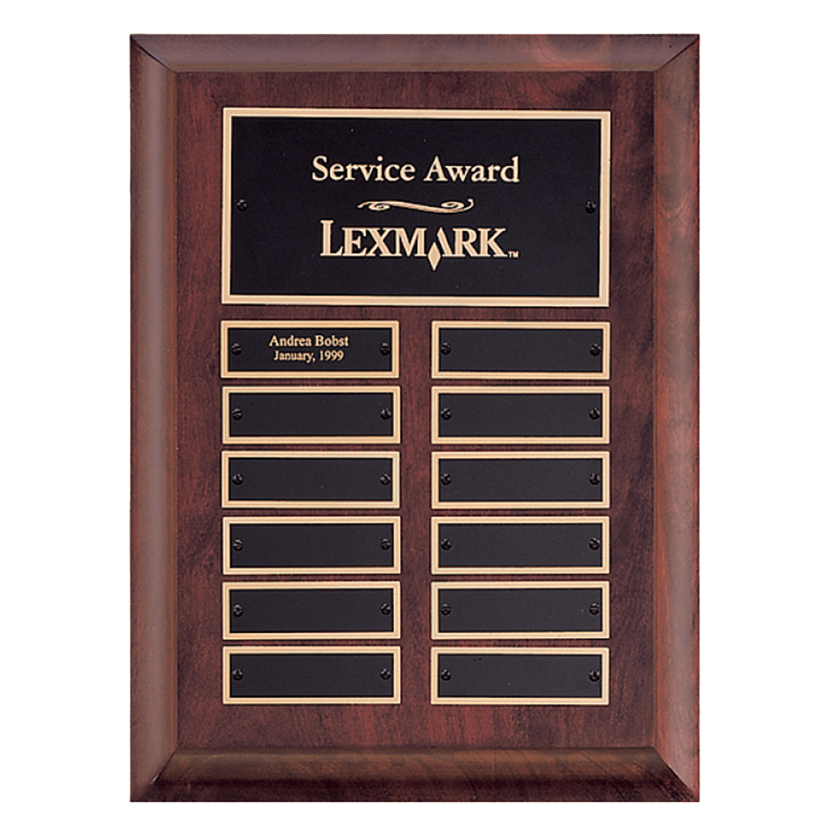 Perpetual Plaque on Rectangular Cherry Finish Board with Black Brass Plate, with 12 Plates
