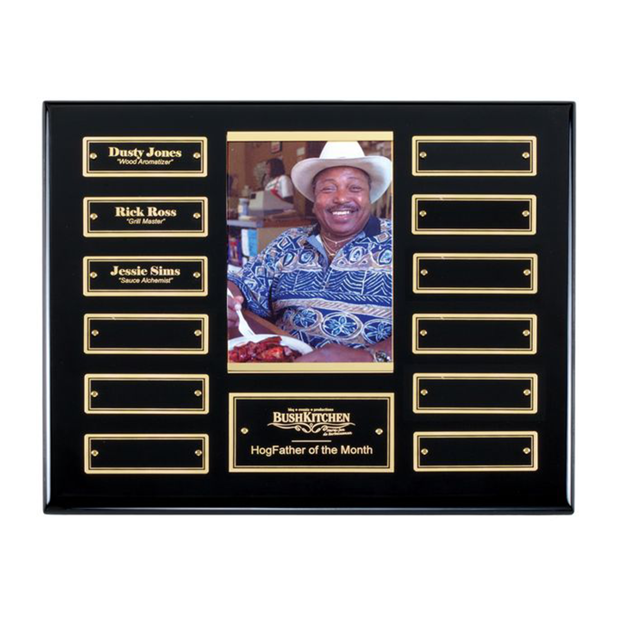 Perpetual Plaque with Picture on Rectangular Black Piano Finish Board with Picture and Black Brass Plates