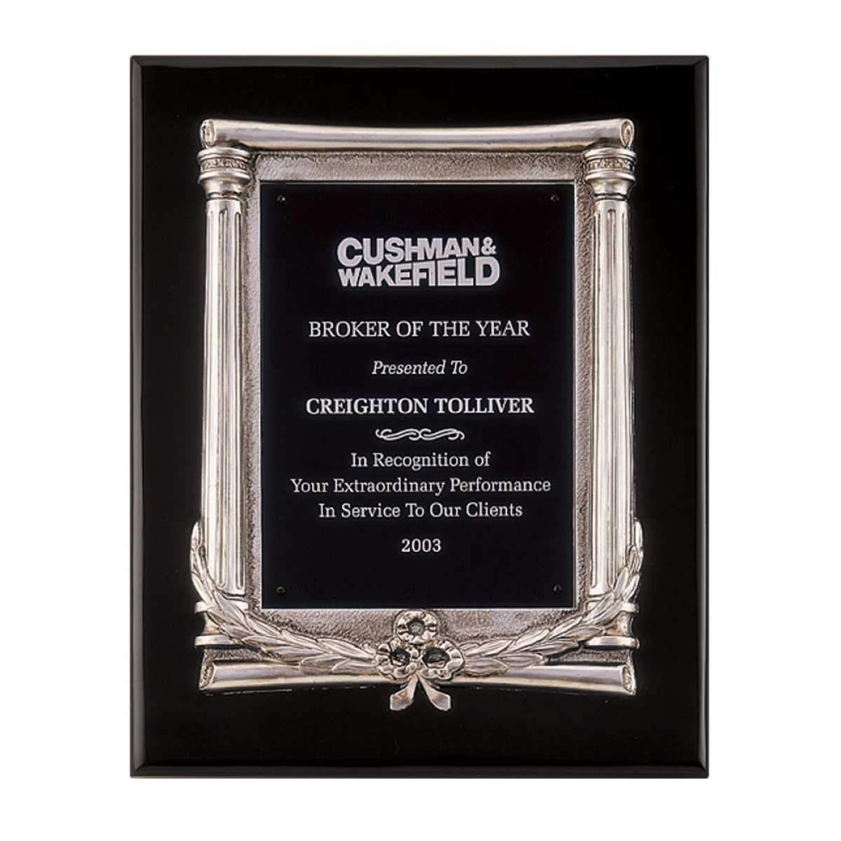 Scroll Plaque on Black Piano-Finish Board, Antique Silver Finish Boarded Frame Casting with Black Alum Engraving Plate