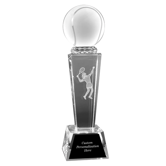 Tennis Ball Crystal Award on Pedestal with Female Player