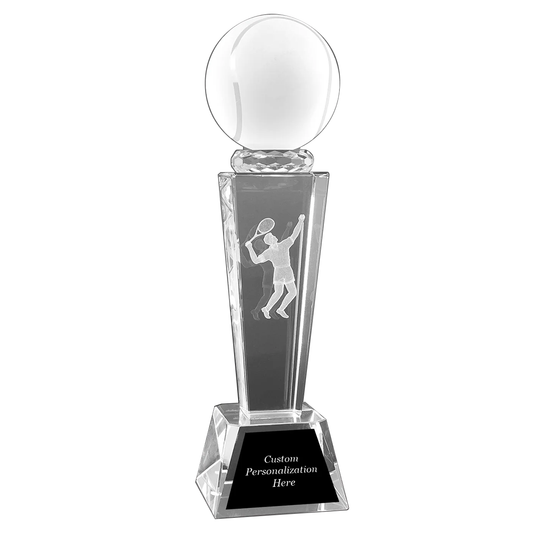 Tennis Ball Crystal Award on Pedestal with Male Player