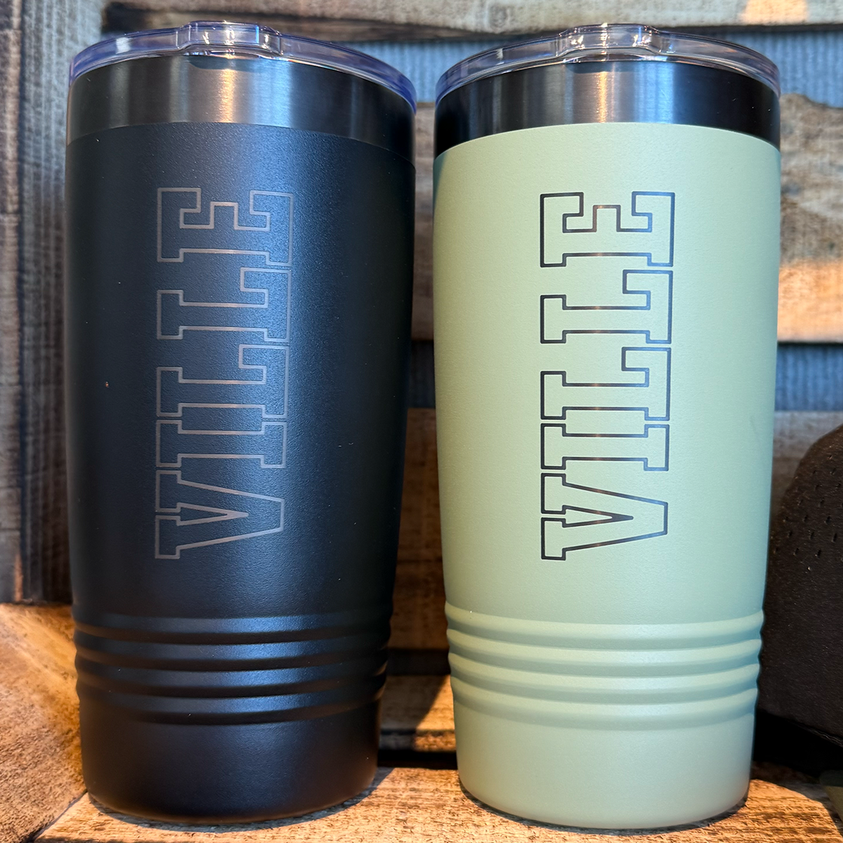 "VILLE" Vertical Block Text Tumbler with Slider Lid