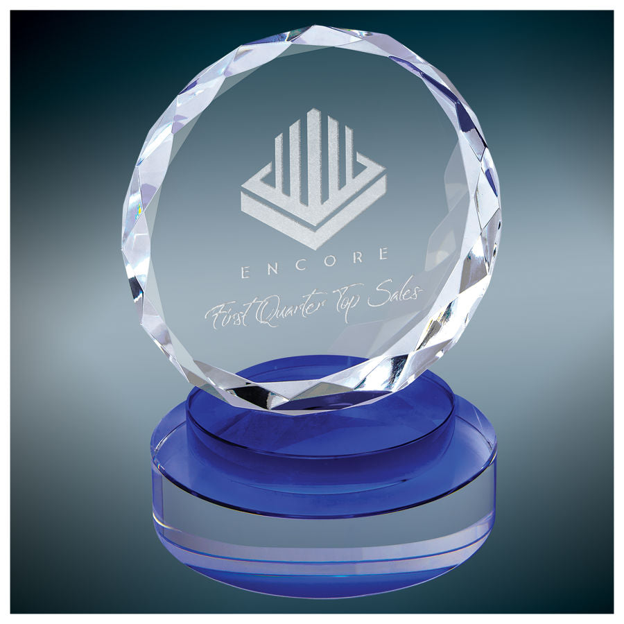 Round Facet Crystal on Blue & Clear Round Base