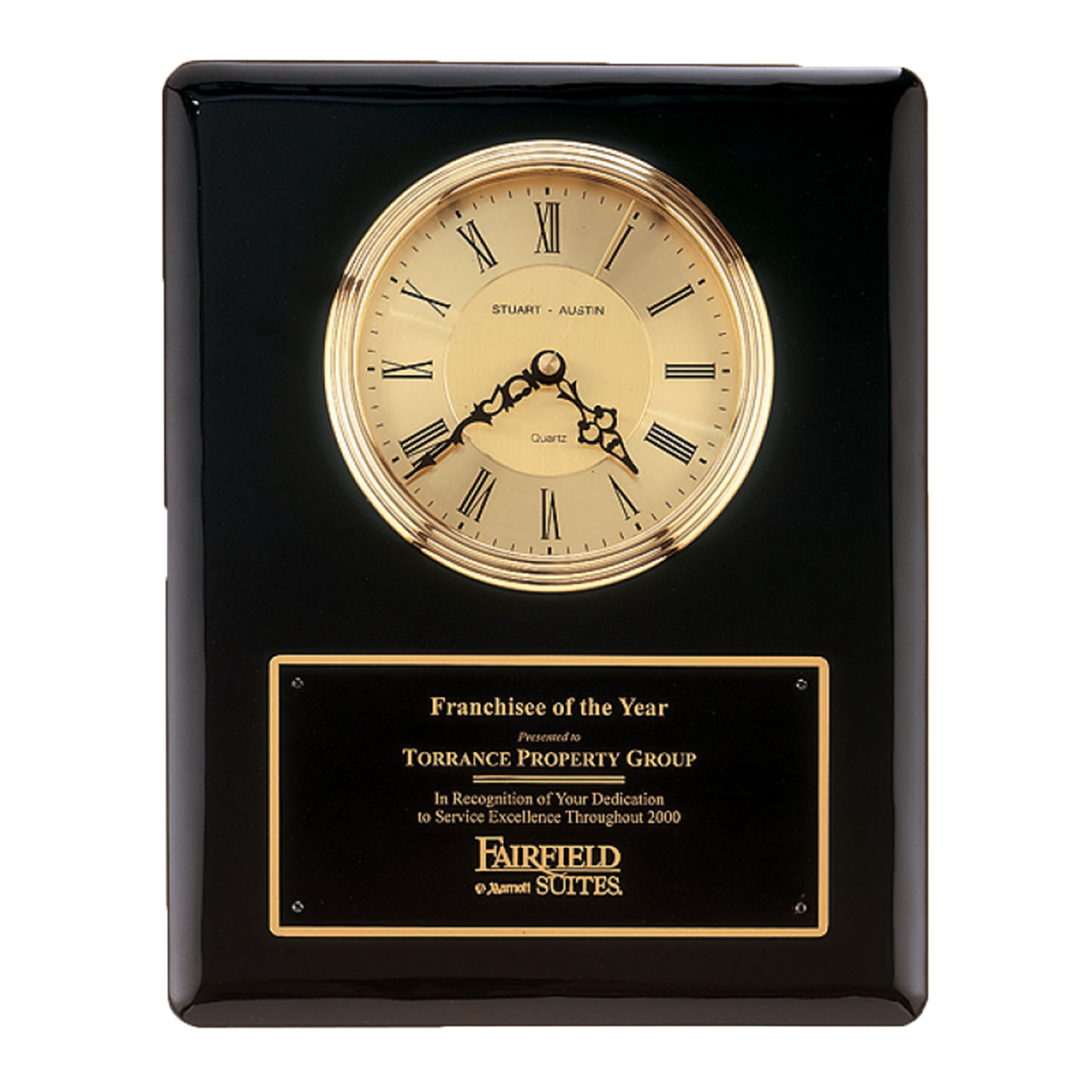 Clock Plaque on Black Piano-Finish Board with Waterfall Bezel with Glass Lens & Gold Dial