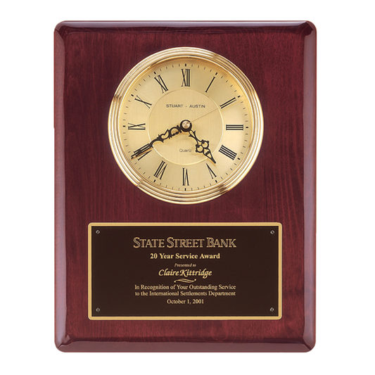 Clock Plaque on Rosewood Piano-Finish Board with Waterfall Bezel with Glass Lens & Gold Dial