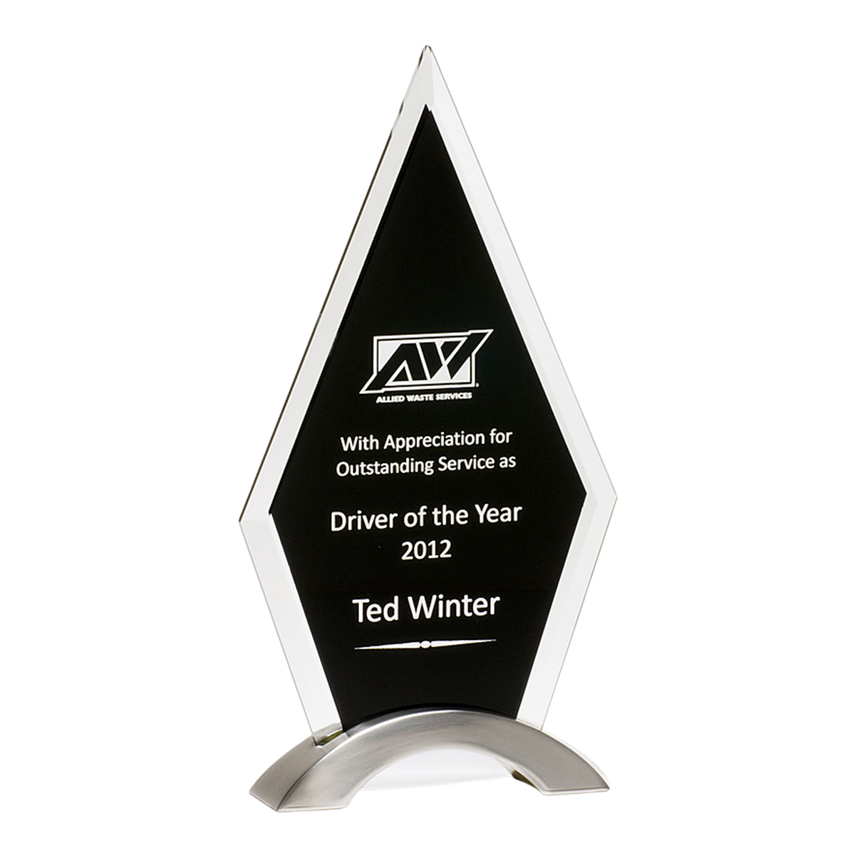 Diamond Series Award with Beveled Clear Glass Upright with Black Silkscreen and Brushed Silver Aluminum Base