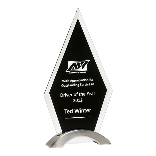 Diamond Series Award with Beveled Clear Glass Upright with Black Silkscreen and Brushed Silver Aluminum Base